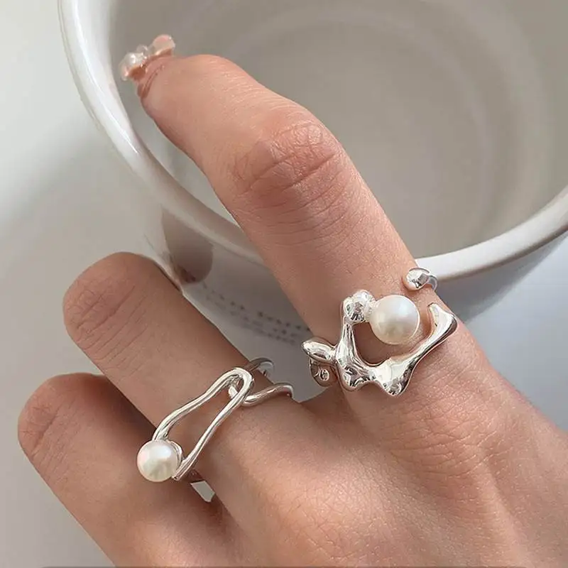 

French Style Baroque Pearl Ring Women Silver Plated Adjustable Opening Cuff Irregular Ring For Party Jewelry