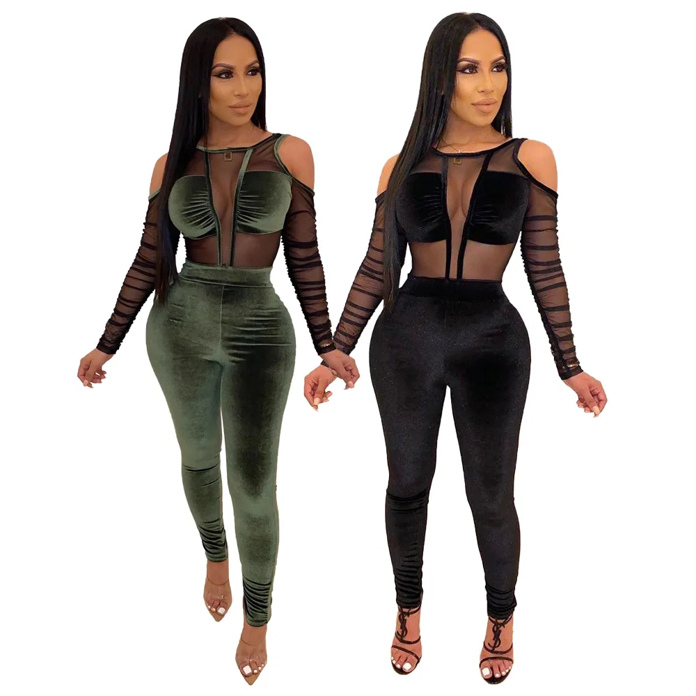 91018-MX65 sexy club wear transparent bodycon jumpsuit woman
