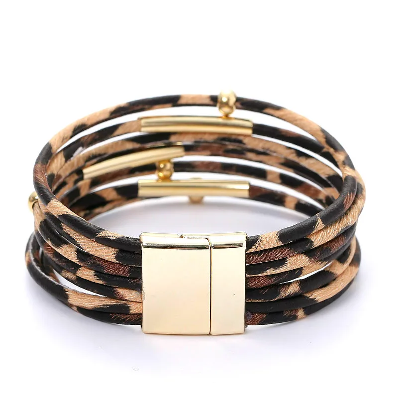 

Fashion Brass Tube Beaded Magnetic Clasp Lady Leopard Leather Bracelets Elegant Multilayer Leopard Bracelet, Black, white, beige