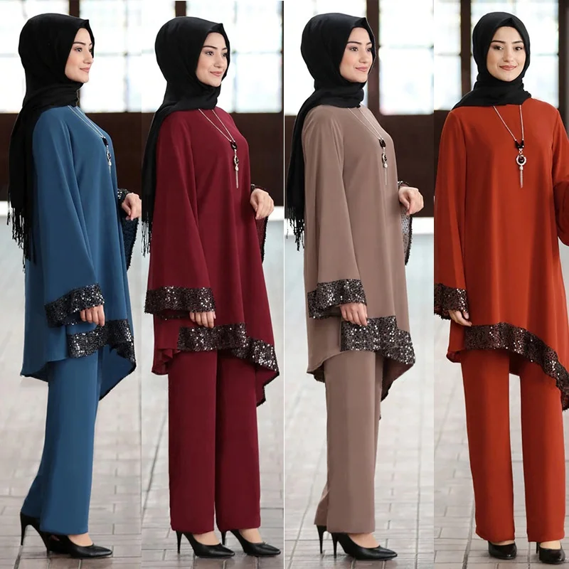 

Islamic Clothing Women Muslim Women Long Sleeve Tunic Pants Dubai Abaya 2Piece Suit Muslim Dress Isla Muslim Party Wear, Orange red, wine red, coffee, blue