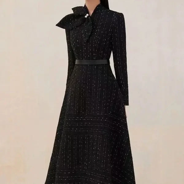 

Bettergirl Fashion High Waist Wool Long Sleeve Black Dress Women's Clothing 2023 Fall Round Neck Show Elegant Women's Dresses