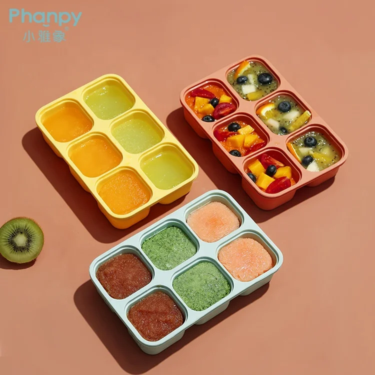 

PH760602 BPA Free Reusable Meal Food Container Eco-friendly Silicone Baby Assisted Food Storage Box With Lid 6 Holes, Orange, yellow, blue, customized