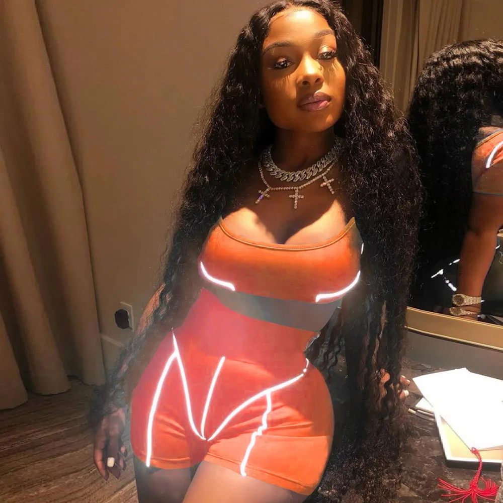 

2020 Women 2 Piece Short Set Women Neon Jumpsuits Sports Biker Short Set Reflective Two Piece Set