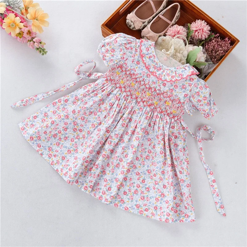 

C042171 kids clothes smocked flower floral toddler baby dress for girl's dresses children clothing hand made cotton wholesale