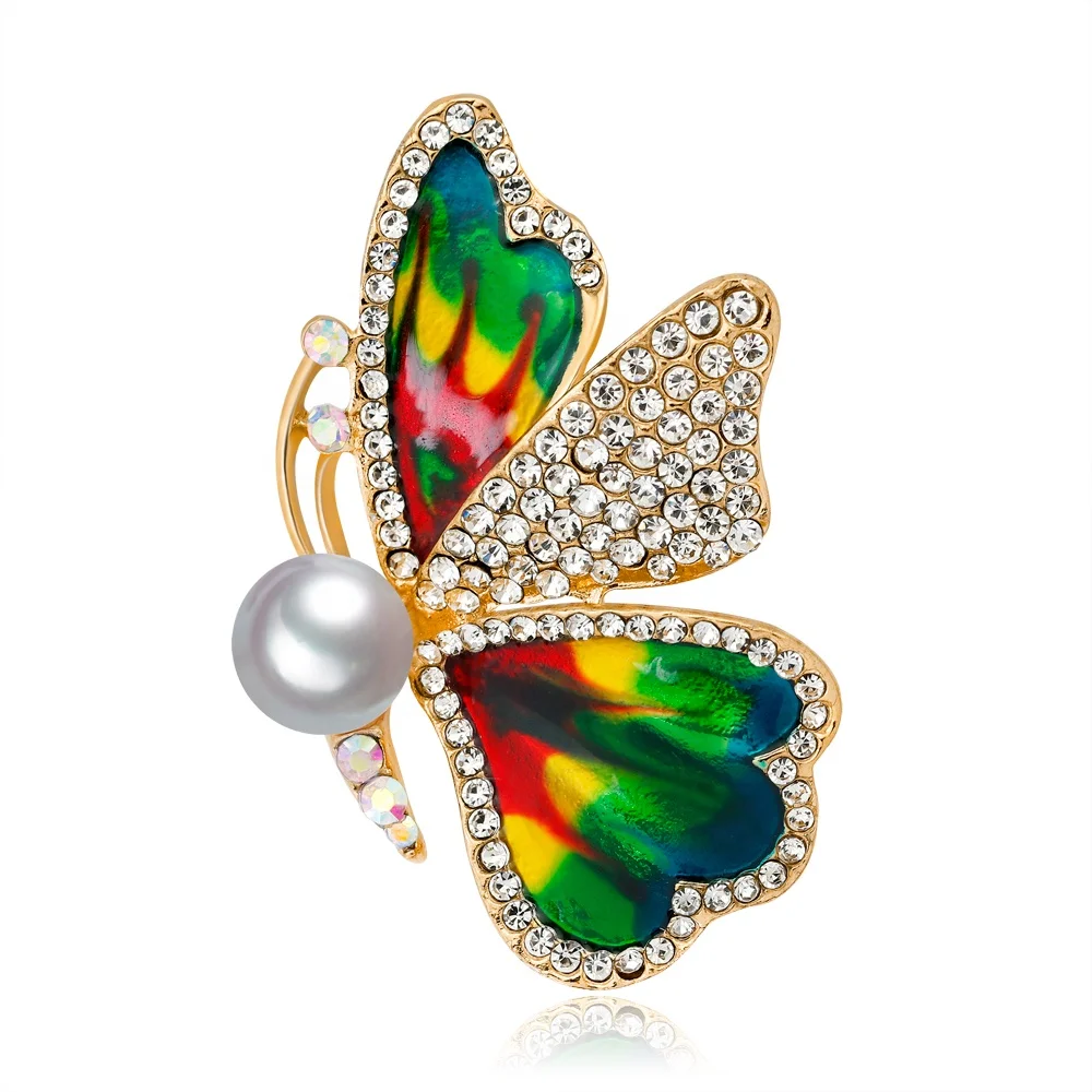 

Hot Sale Popular Retro Fashion Pearl Rhinestone Rainbow Color Butterfly Brooch