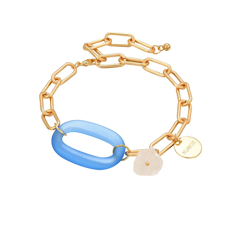 

2021 European Golden Disc Transparent Stone Charm Bracelets Blue Acrylic Circle Link Chain Bracelets