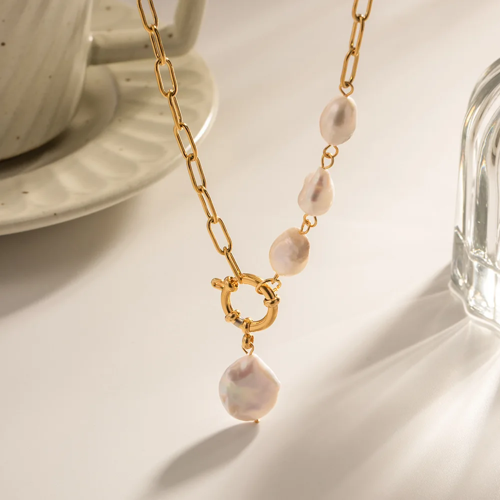

Vintage Paper Clip Chain Choker Necklace PVD Gold Plated Necklace Stainless Steel Baroque Pearl Necklace For Women