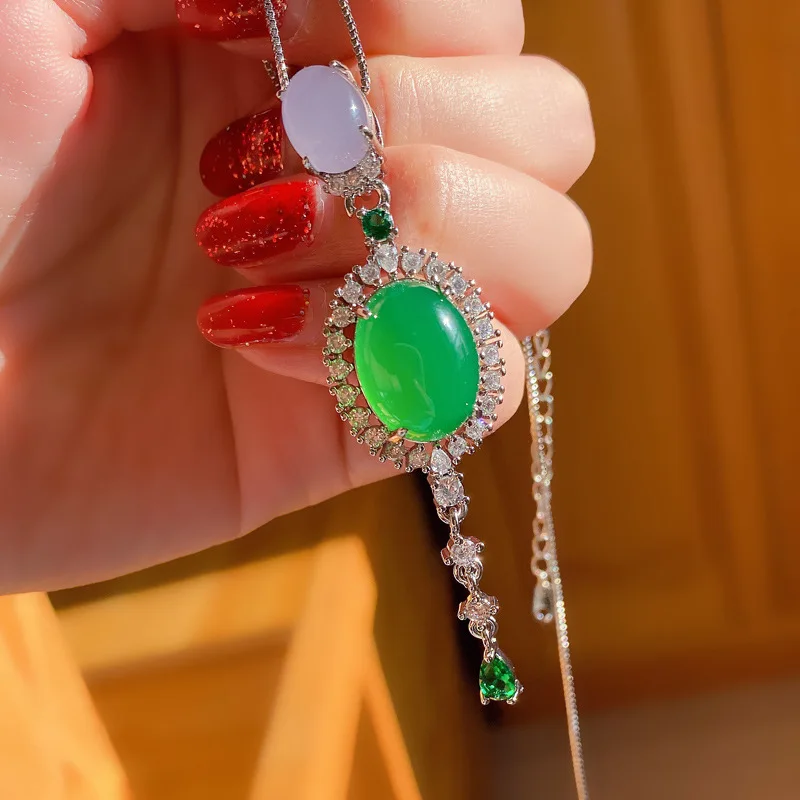 

High Quality Auspicious Jewels Oval Shaped Natural Chalcedony Jade Pendant Necklace Shiny Cubic Zirconia Tassel Necklace