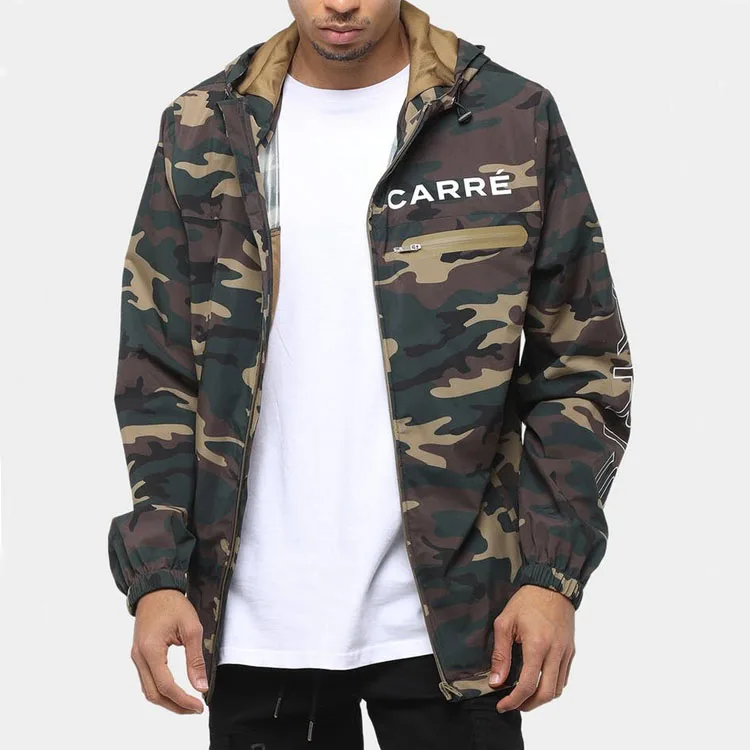 

Winter Camo Jacket Men Fashion Loose Windbreaker Custom Logo Printing Polyester Hooded Jacket