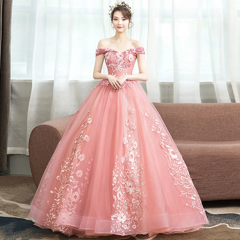

fashion princess evening dress off shoulder v neck flower embellished pink Wedding Dresses ball gown, As shown