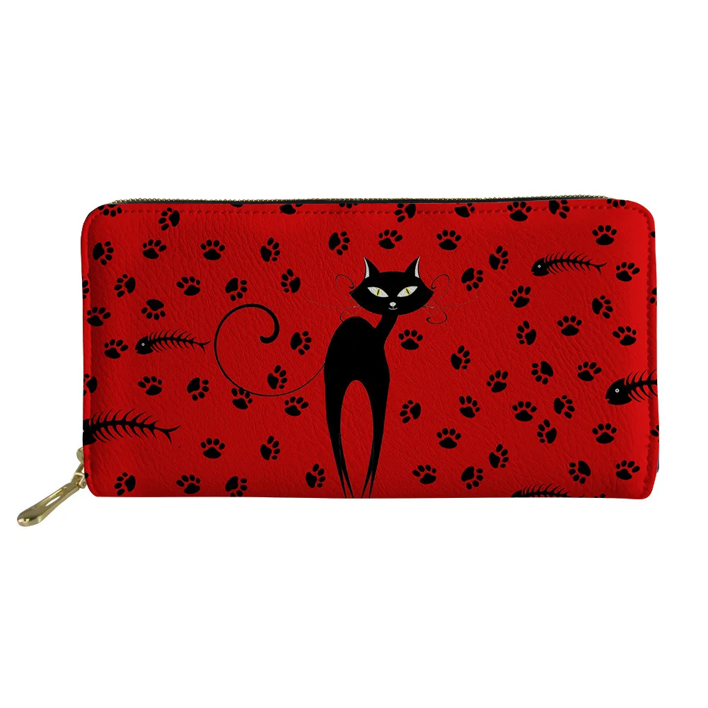 

Floral Ladies Wallet Purse Coin Card Holder Black cat Tribal Triangle Printed Fashion Wallet Customized Long Pu Female Wallet