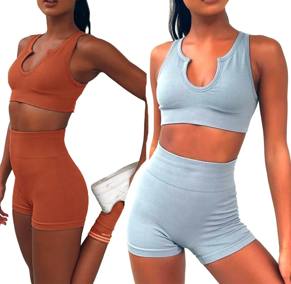 

U Neck BRA Squash up Yoga Workout Short Set 2 Piece Sport Fitness Shorts Sets Women Crop Top Workout Sets, Black/ orange / light yellow / blue / wine red