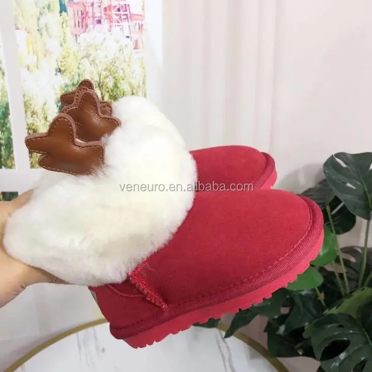

Fashion cute reindeer kids sheep wool shoes warm cow leather with lamb fur children snow boots, Red