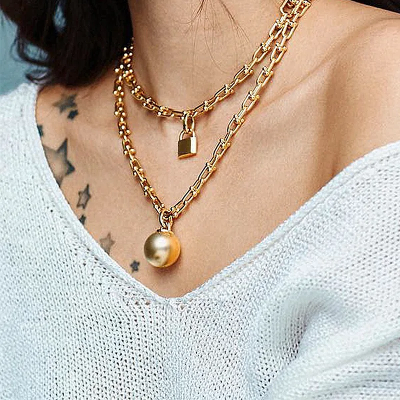 

Hot Sale Lengthened U-shaped Layered Chain Round Ball Lock Necklace for Women