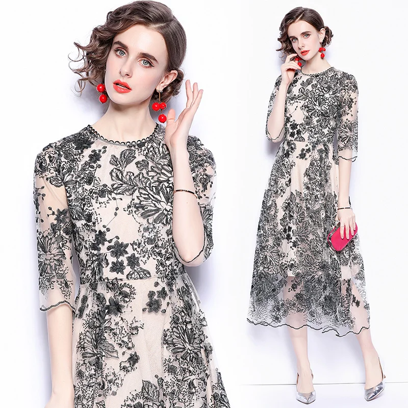 

2021 spring and summer new French embroidery mesh dress round neck seven-point embroidered sequined slim dress