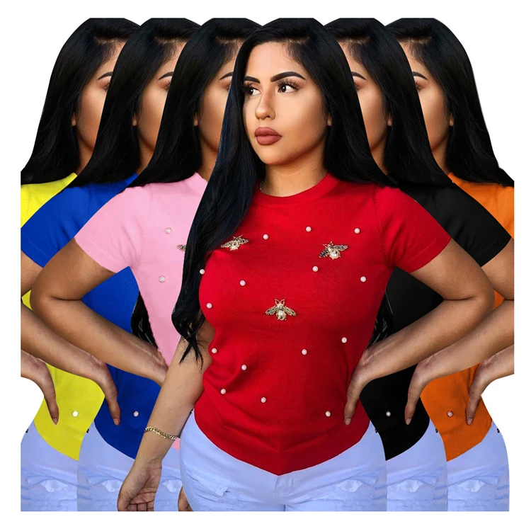 

2021 fashion stretch beaded butterfly decoration round neck plus size women's T-shirt