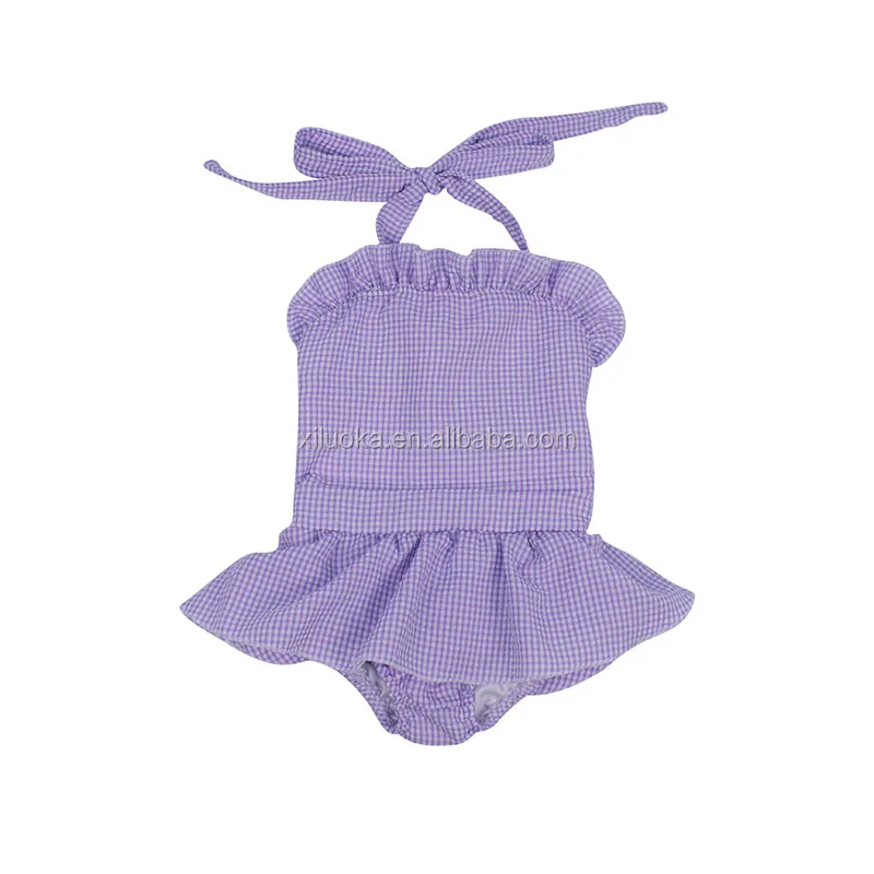 

Summer beachwear baby onesie purple gingham seersucker suspender backless ruffle waist diaper dress baby girl romper, Picture