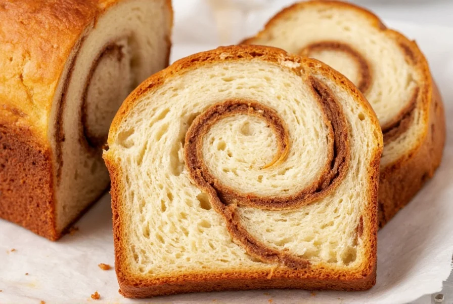 Perfectly sliced homemade cinnamon bread showing distinct swirl pattern and moist crumb structure