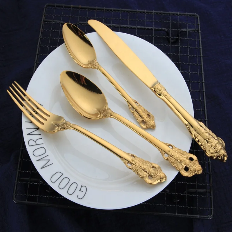 

Vintage Western Gold Plated Dinnerware Cena Tenedor Cuchillo Set Golden Cubiertos Set Acero Inoxidable 4 Piezas, Natural color, gold