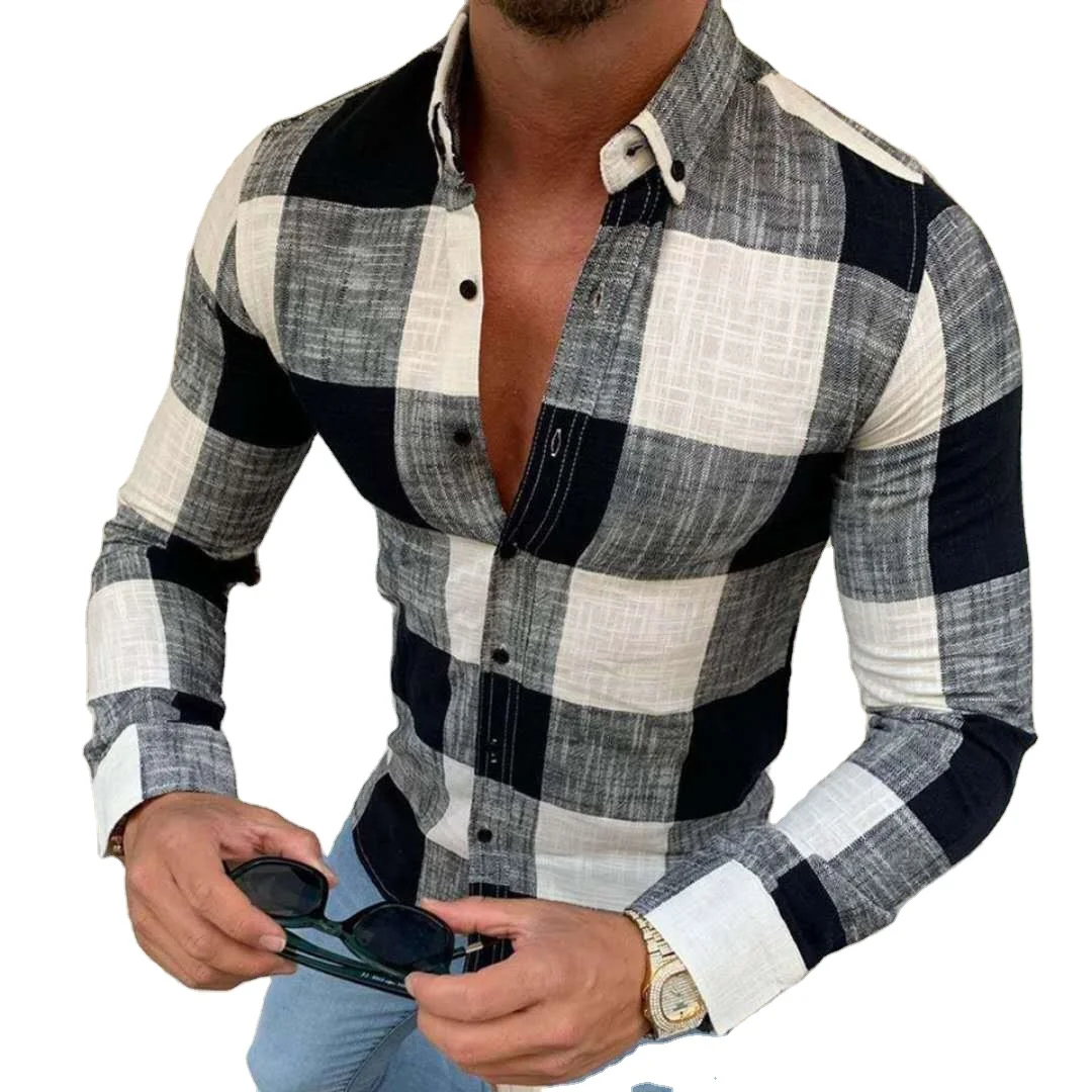 

Men cotton and linen Plaid Long Sleeve Shirts Button Down Casual Slim Fit Muscle Dress Shirts Tops 2021 Men's Fashion Vintage