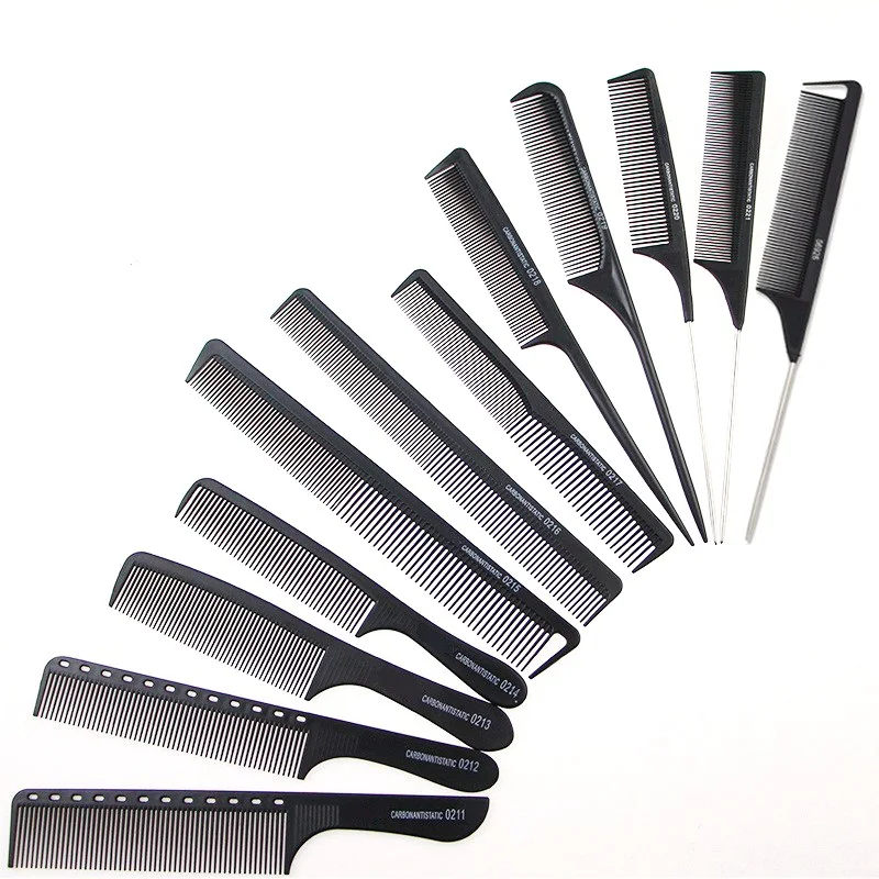 12 Styles Professional Heat Resistant Salon Black Plastic Pin Tail Antistatic Comfortable Large Comb Hard Carbon Cutting Comb