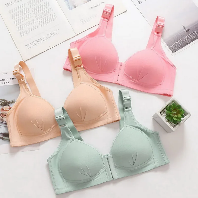 

Solid Color Large Size Front Button Comfortable Gather Bra Breathable Thin Section Without Steel Ring Women Underwear