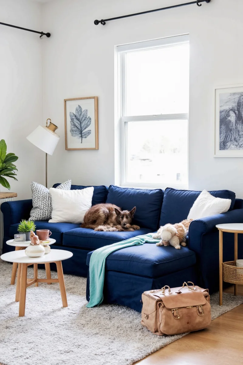 Navy blue tapestry draped on a wall with tassels