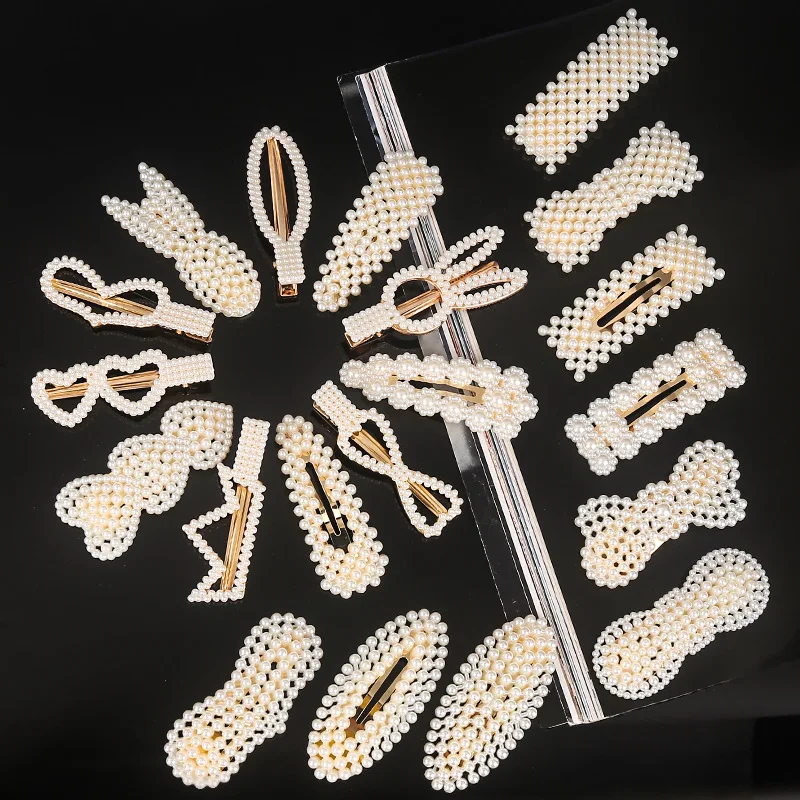 

Popular simple love pearl hair clip DIY hand woven bow a word clip headdress