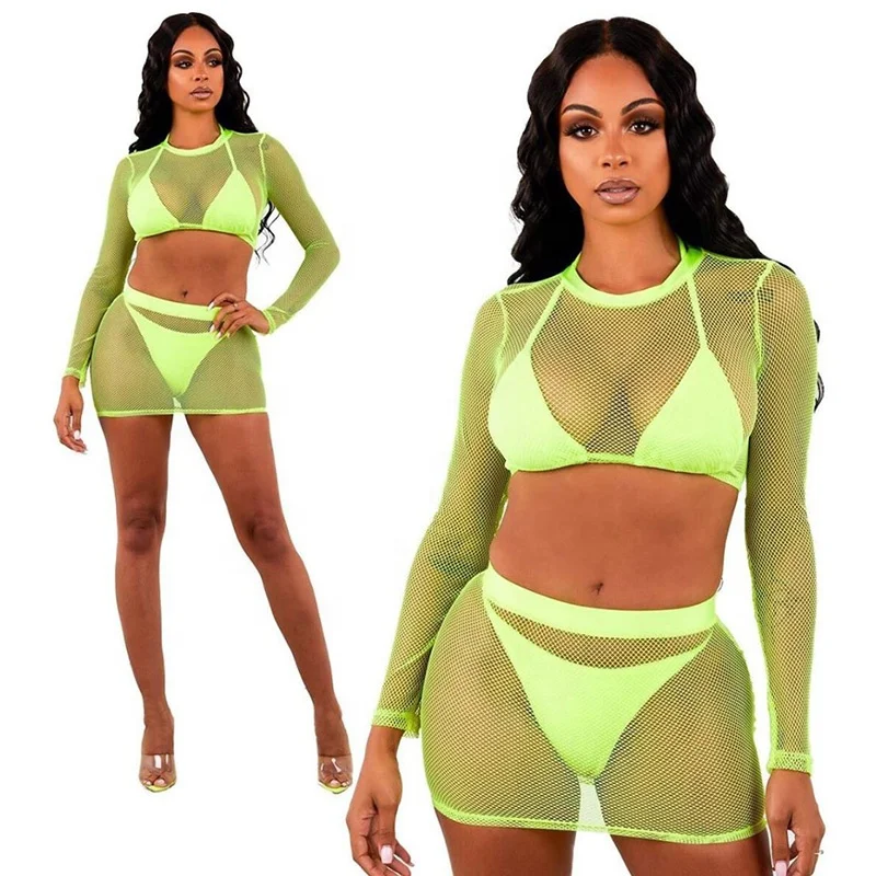 

Sexy Women fishnet 2 piece shorts set mesh see through high waist transparent set, Plum,fluorescent green