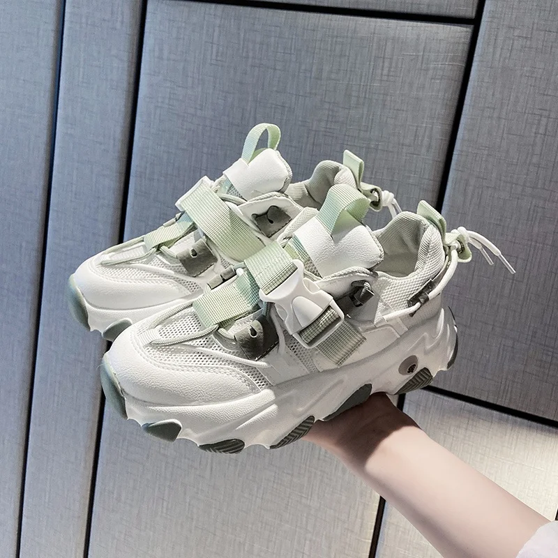 

Unisex Chunky Sneakers Trainers Mesh Leather Casual Shoes Buckle Platform Plus Size 35-44 Height Increasing Fashion Trainers