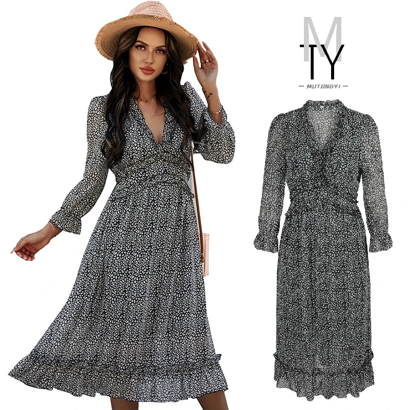 

Summer Long Sleeve Dress Ruffled Casual Sexy Deep V-neck Dress Floral Printing Chiffon Dress