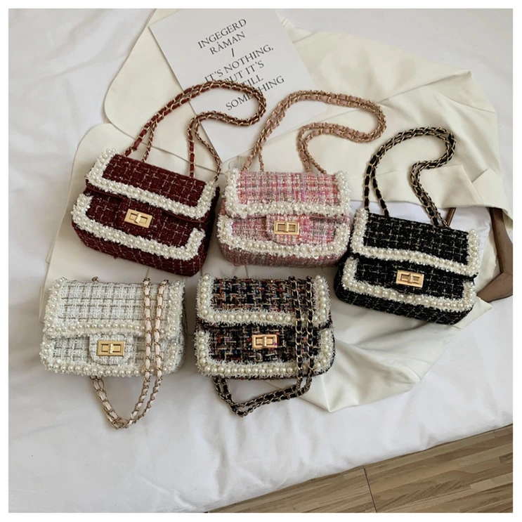 

XP1708 Chains Tweed Winter Fashion Women Trendy Wool Messenger Bag 2020 New Crossbody Bag Ladies Pearl Bordered Han