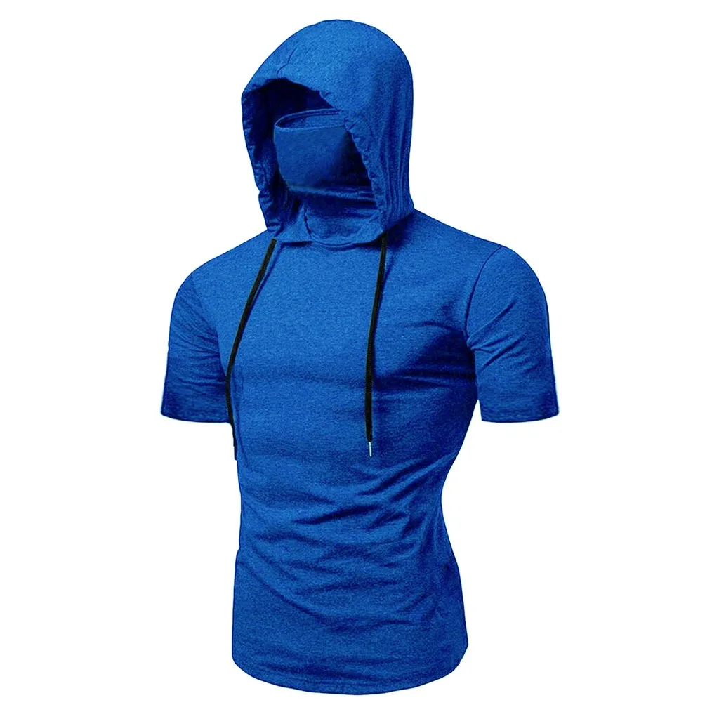 

Custom Printing Hooded Short Sleeve T Shirt 100% Polyester Solid Color Men GYM Slim Fit Face Masked T-shirt