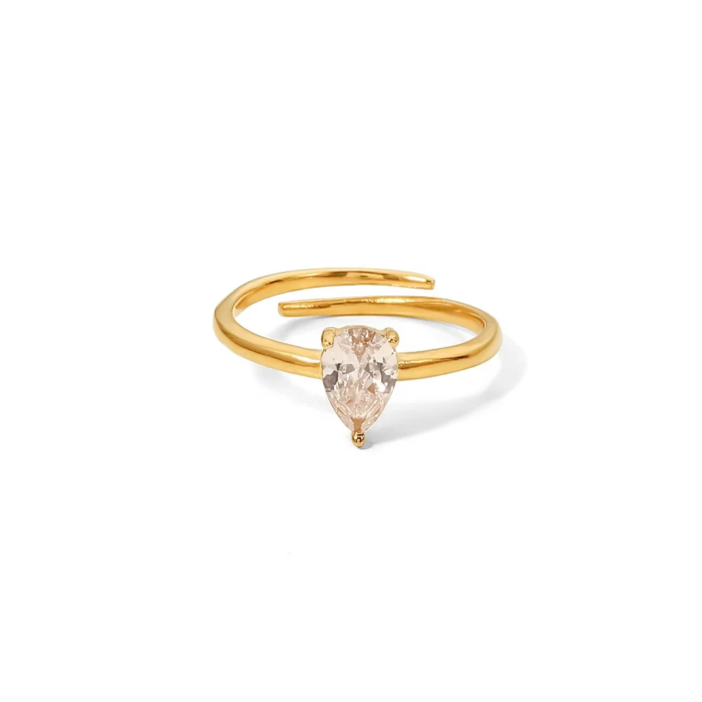

18K Gold Plated Water Drop White Zircon Inlaid Stainless Steel Adjustable Rings Dainty Jewelry