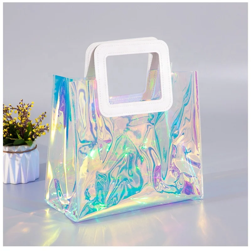 

Custom Printed Logo Holographic Transparent Clear PVC Shopping Tote Bag Holographic Gift Bag, Transparent and customized
