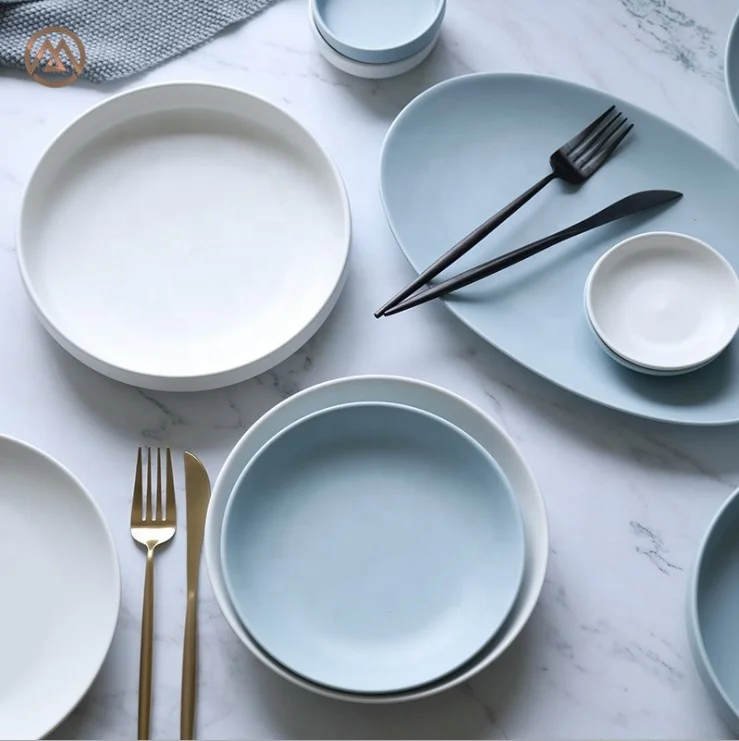 

Sample Nordic Bule White Ceramic Matte Plates Household Dishes Tableware Set, Blue/white
