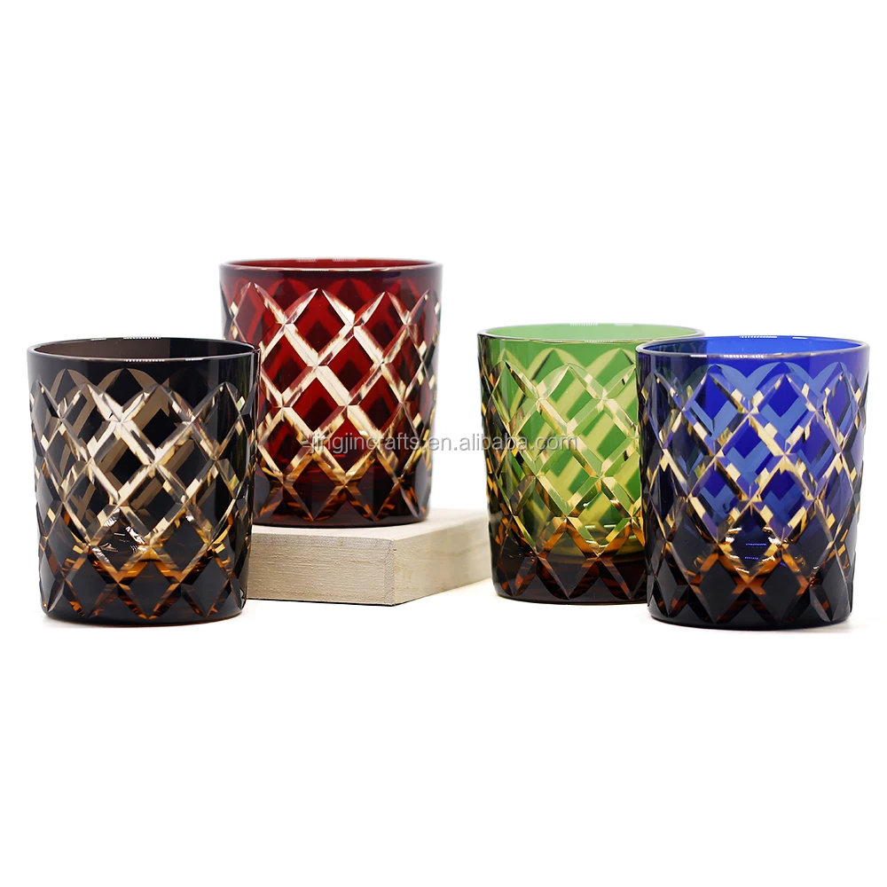 

In stock Kiriko cased glass cup cut to clear drinking cups, Blue green red black