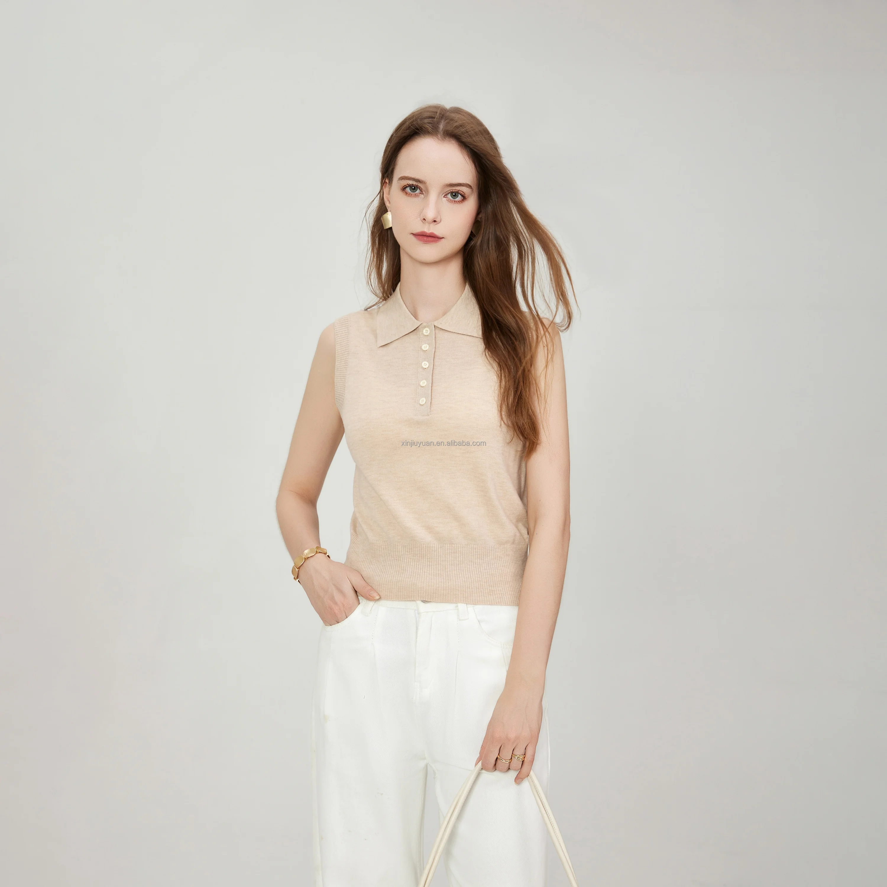 Summer Women's Fashion Sleeveless Notch-Neck Top Temperament Knitted POLO Shirt