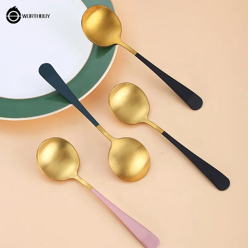 

WORTHBUY Nordic Stainless Steel Round Spoon Colorful Spoon Handle Thicken Matte Spray Painting For Kitchen Tableware, Gold, pink, black, green