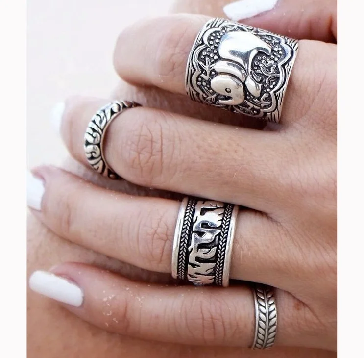 

Vintage Silver plated Punk Ring Unique Carved Antique Silver Elephant Totem Leaf Lucky Rings for Women Boho Beach Jewelry