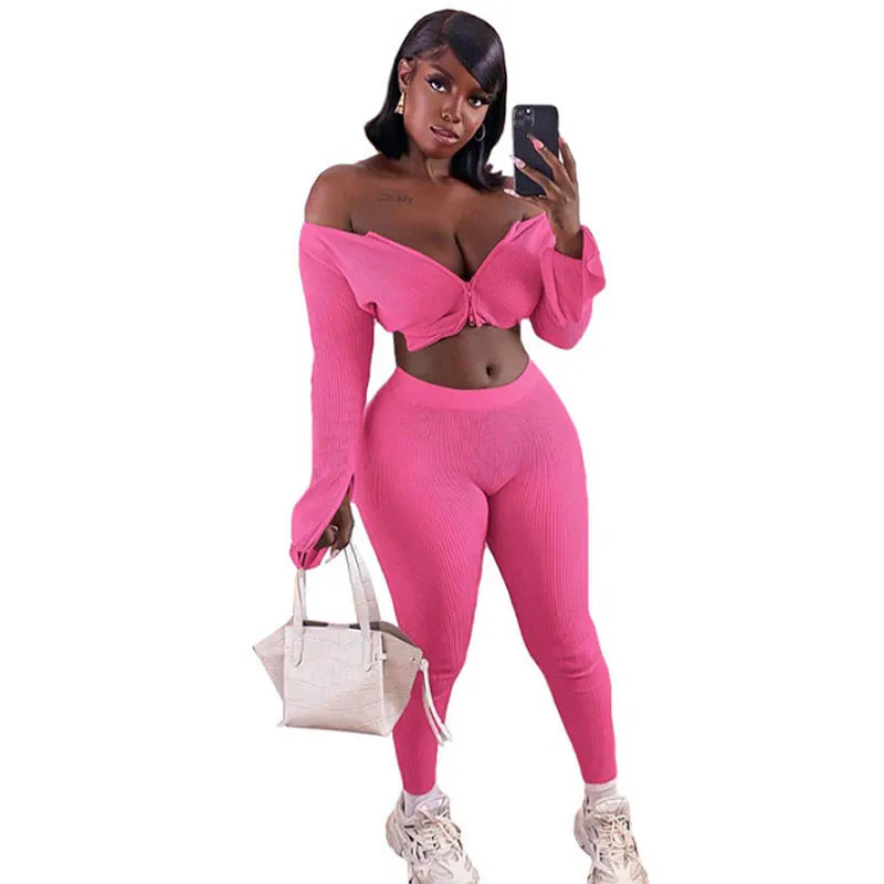 

2021 Women Clothing Zipper Crop Top Ribbed Jogger Sweatsuit Women Set 2 Piece Womens Jogging Sets, Customized color