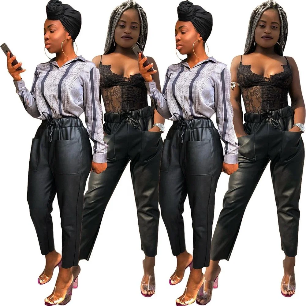 

2020 Latest design trendy casual high waist black drawstring faux leather pants pu leather trousers women