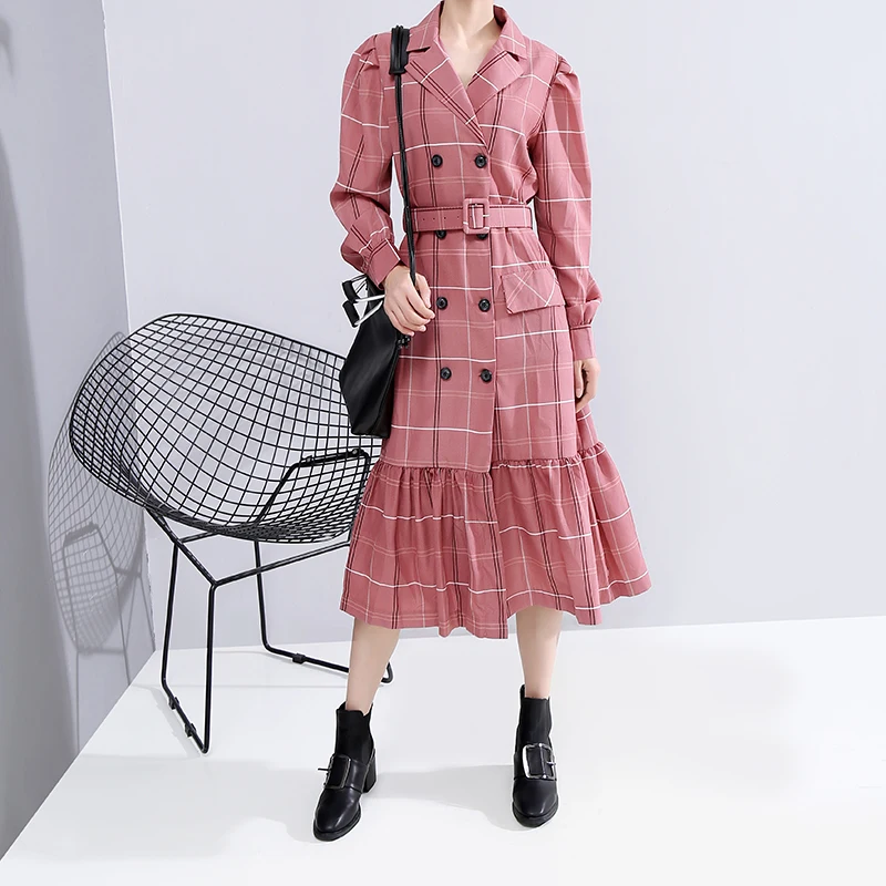 Women's Apparel Winter Fashion Notched Collar Double Breasted Blazer Dress Pink Plaid Ladies Elegant Party Dress With Belt 5840