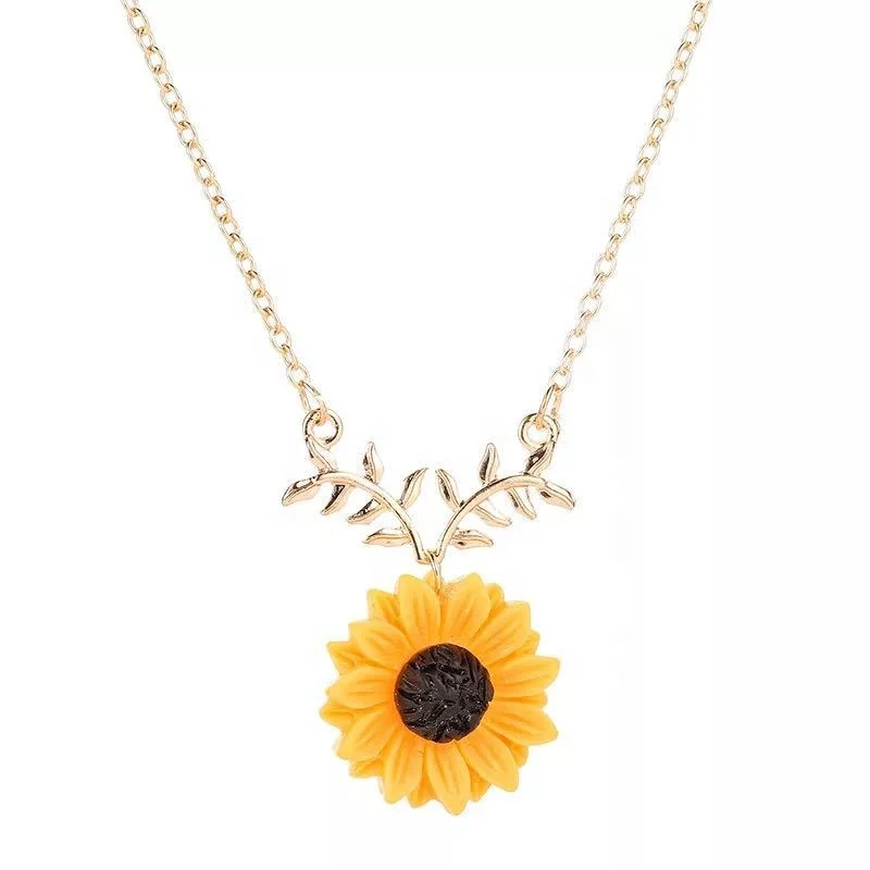 

Fashion Leaf Branch Sunflower Necklace for Women Party Collares Ketting Accessories Pearl Pendant Studs Jewelry Gift, Golden