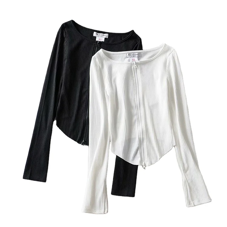 

Solid Zipper Up Long Sleeve Shirts Women Fitted Tops Fashion Tops 2021 Women, White,black
