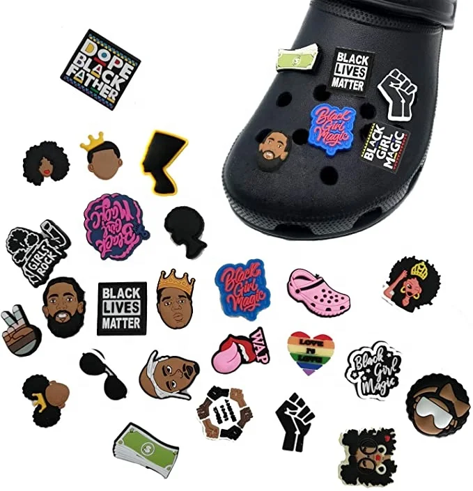 

OEM Custom New Design Soft PVC Cartoon Croc Shoe Charm Wholesale Black Lives Decorations, Pictures shown