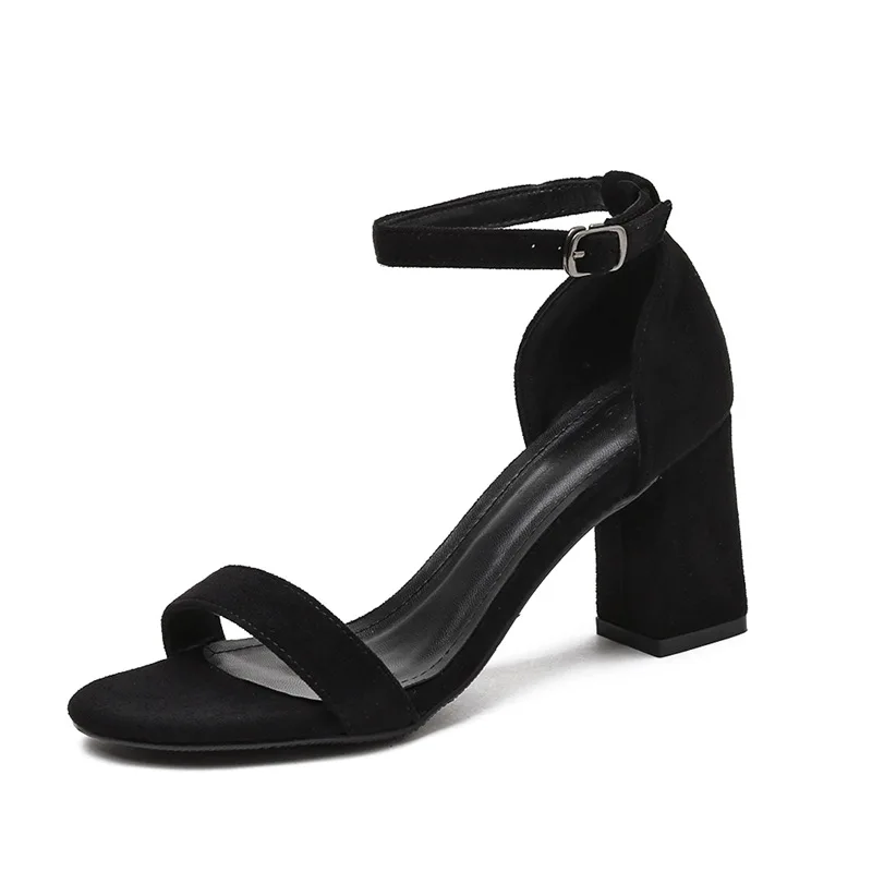 

Elegant Ankle Strap Design Peep Square Toes Chunky Block High Heel Shoes Summer 2020 Women's Sandals, Black, grey