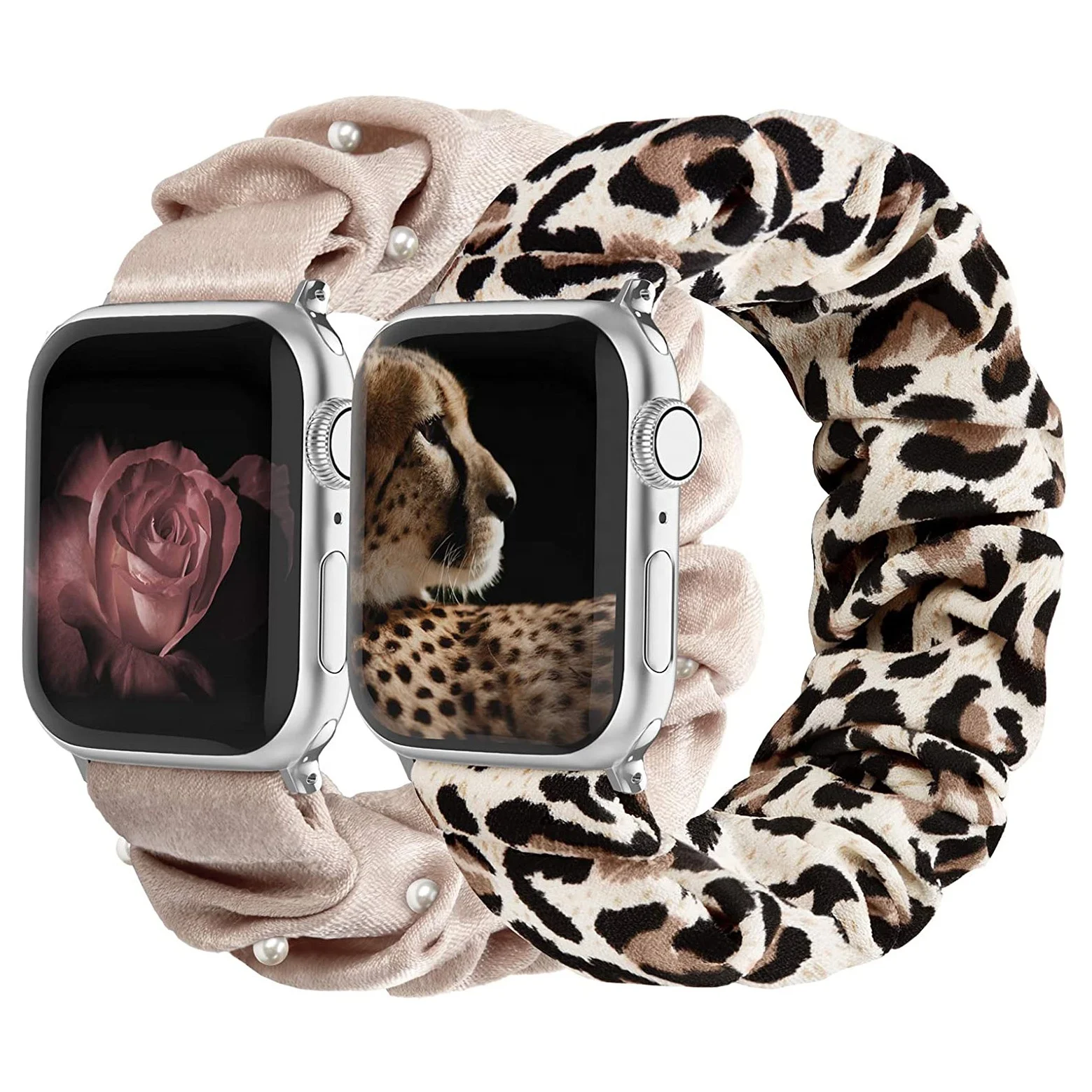 

Girly Scrunchies Watch Bands for Apple Watch 38mm 42mm 40mm 44mm Leopard Flowers Printed Fabric Elastic Strap for iWatch 7 6 SE