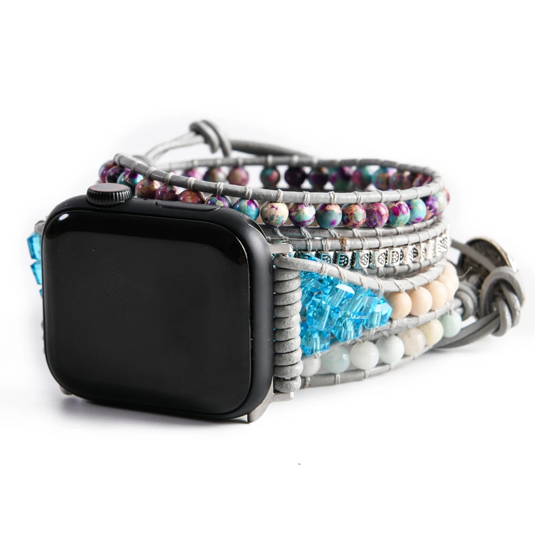 

Natural Stone Apple Watch Band Beads Boho 5X Wrap Leather Watch Strap Wristband Woman Bracelet Accessories