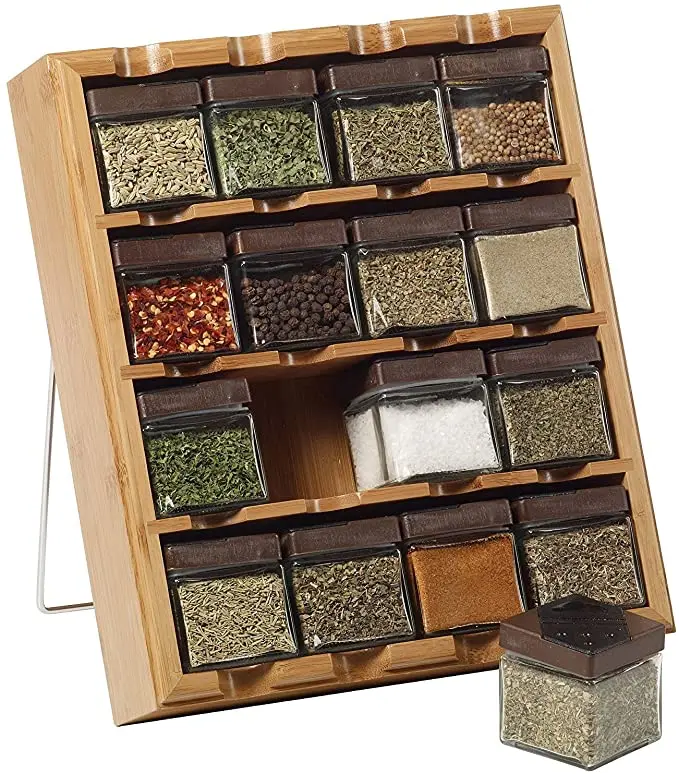 

Bamboo Kitchen Spice Shelf Stand Holder 16 Glass Jars Standing Spice Cabinet Organizer Rack,16-Cube, Natural